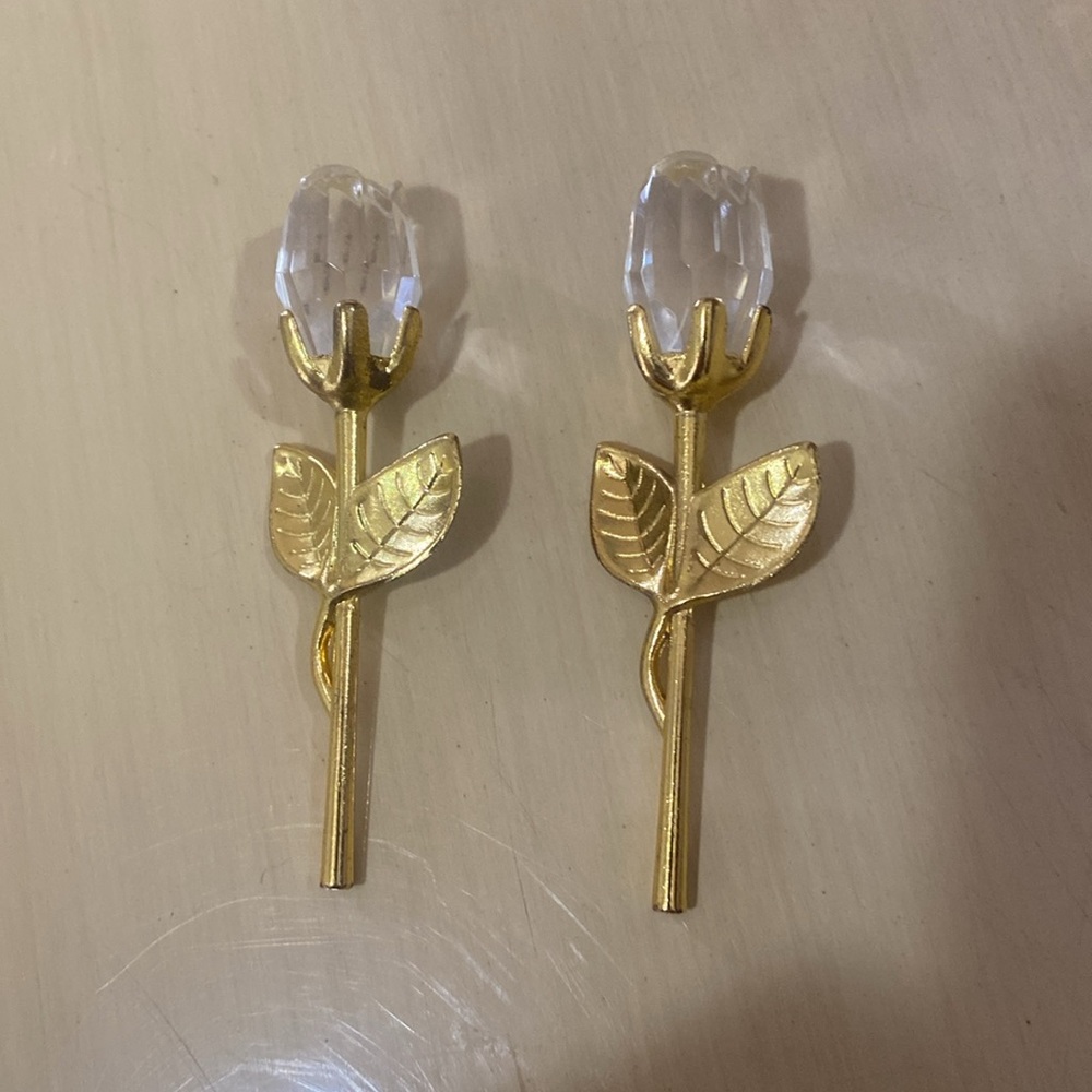 (2) White Crystal Glass Flowers Gold Plated Stems and Leaves